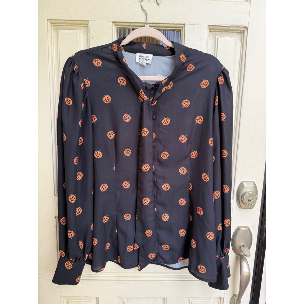 Unique Vintage Black Pumpkin Jack-O-Lantern Tie Neck Blouse Size XL 14 Halloween